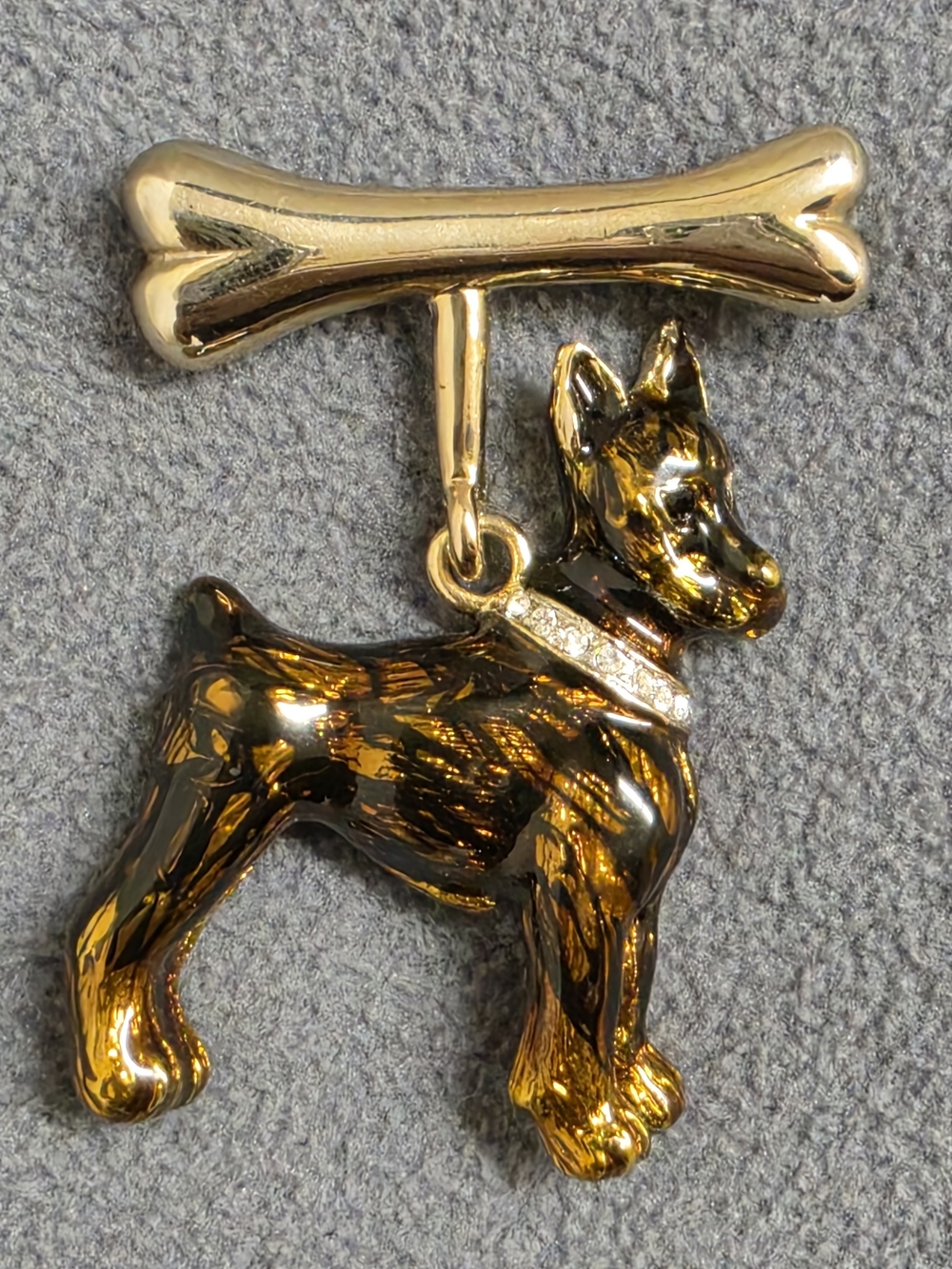 Doberman Dog Bone Brooch Pin Gold Tone Rhinestone Collar Dangle New